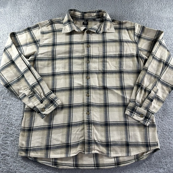 Uniqlo Other - Uniqlo Flannel Shirt Mens Large‎ Plaid Beige Blue Cotton Utility Warm Pocket